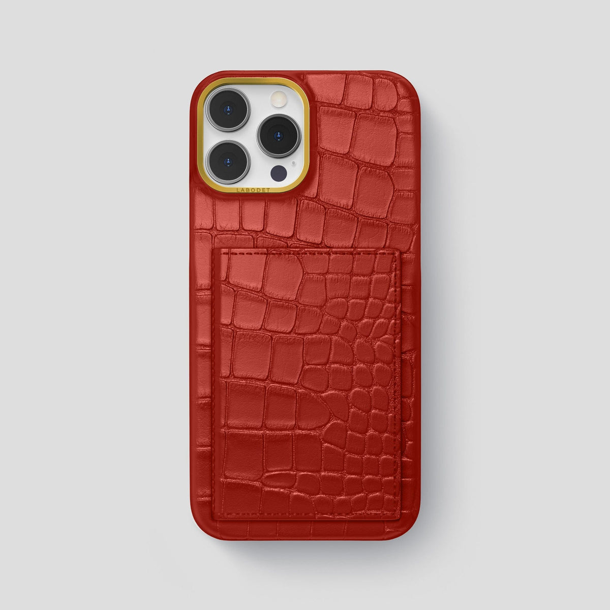 Red iPhone 15 Pro Max Bi-Fold Case Alligator with Gold Metal -2 | Red-Gold