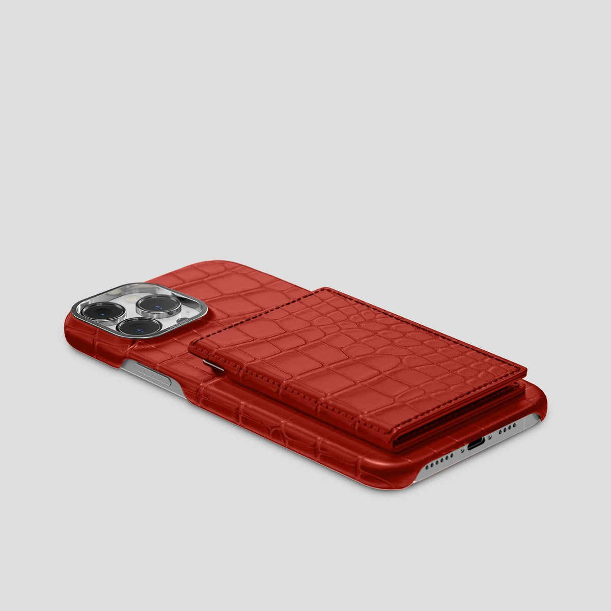 Red iPhone 15 Pro Max Bi-Fold Case Alligator with Steel Metal -4 | Red-Steel