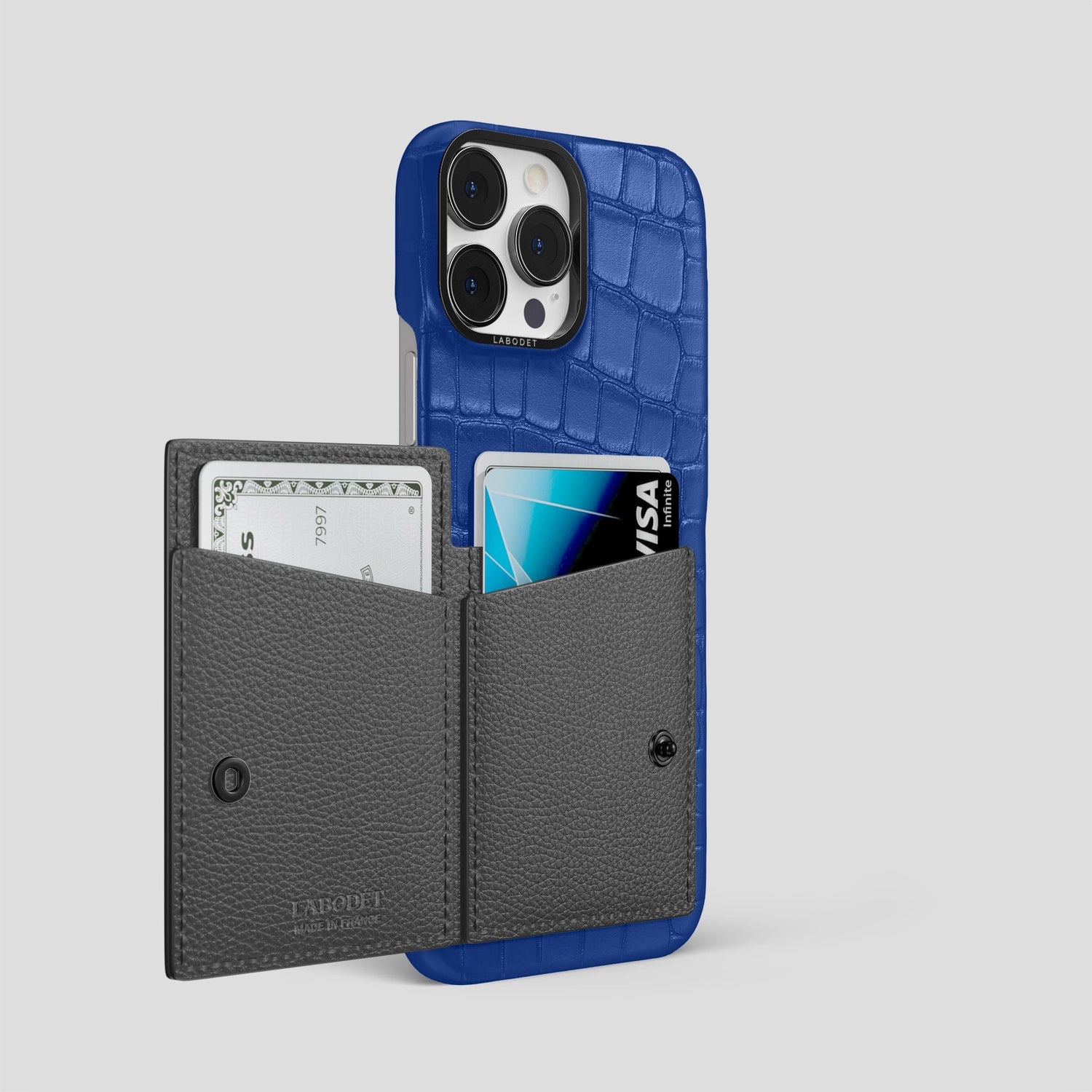 Royal Blue iPhone 15 Pro Max Bi-Fold Case Alligator with Black Metal -3 | Royal-Blue-Black