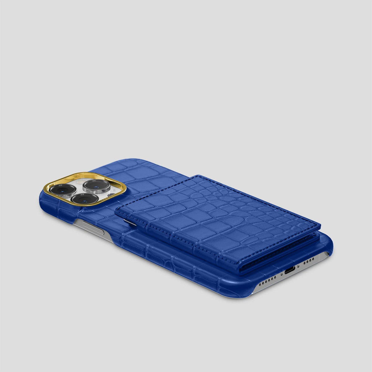 Royal Blue iPhone 15 Pro Max Bi-Fold Case Alligator with Gold Metal -4 | Royal-Blue-Gold
