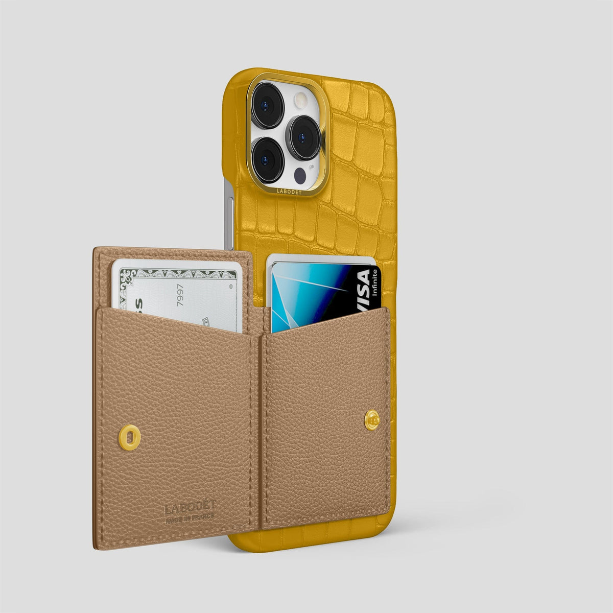 Yellow iPhone 15 Pro Max Bi-Fold Case Alligator with Gold Metal -3 | Yellow-Gold