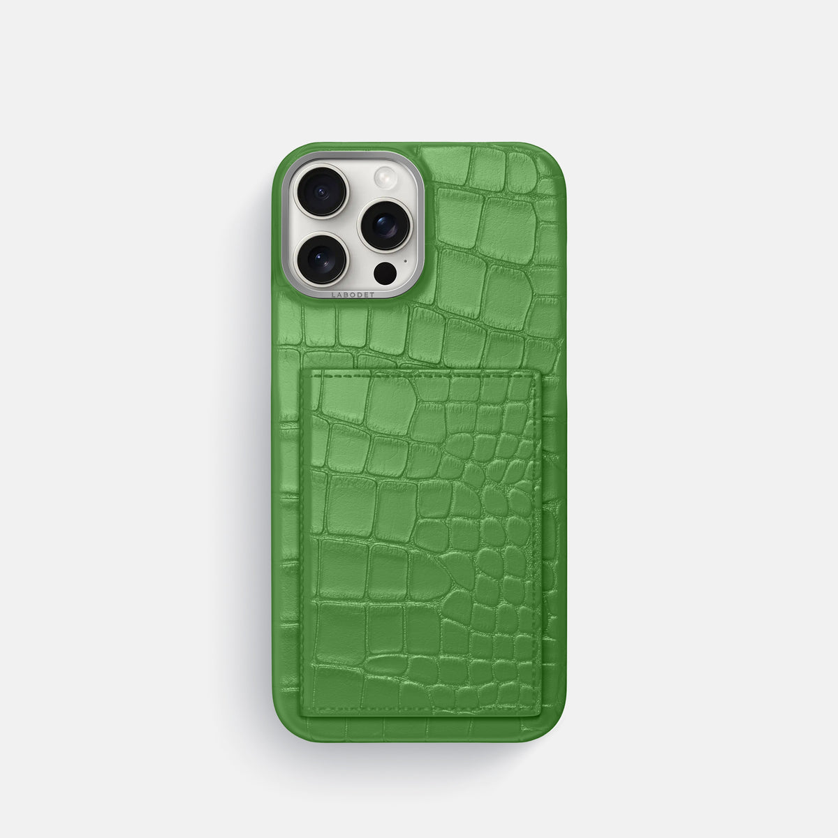 Apple-Green iPhone 16 Pro Bi-Fold Case Alligator with Steel Metal -2 | Apple-Green-Steel