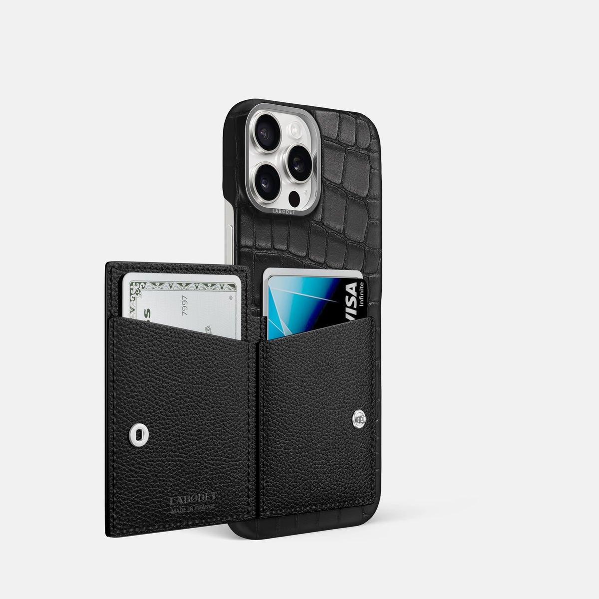 Black iPhone 16 Pro Bi-Fold Case Alligator with Steel Metal -3 | Black-Steel