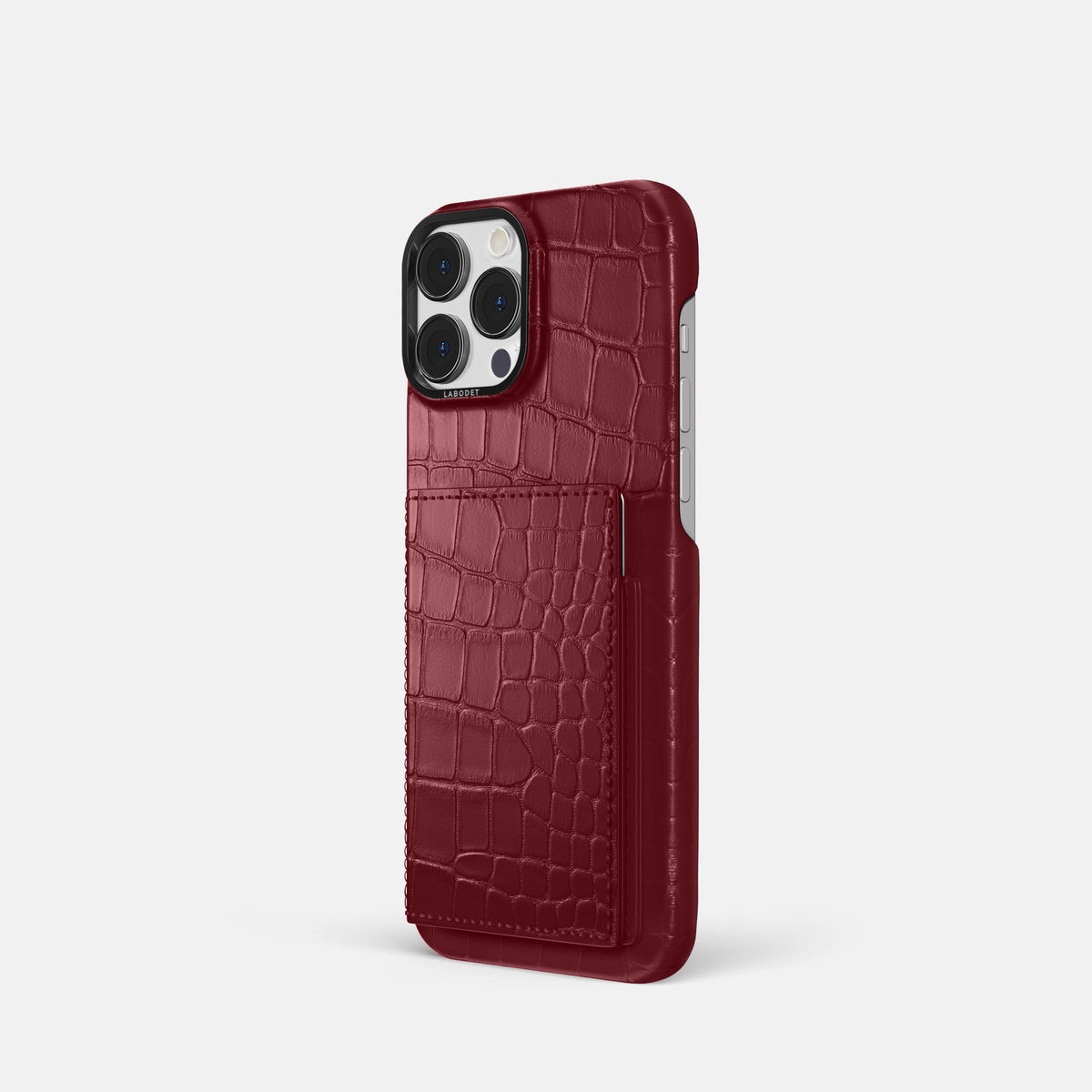 Burgundy iPhone 16 Pro Bi-Fold Case Alligator with Black Metal -1 | Burgundy-Black
