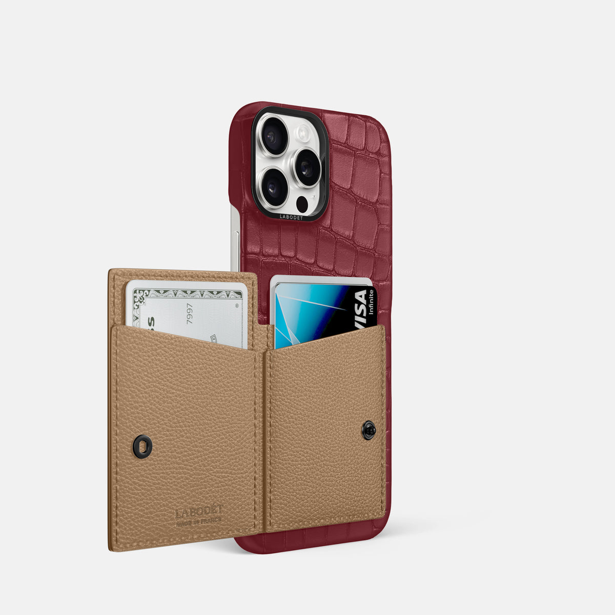 Burgundy iPhone 16 Pro Bi-Fold Case Alligator with Black Metal -3 | Burgundy-Black
