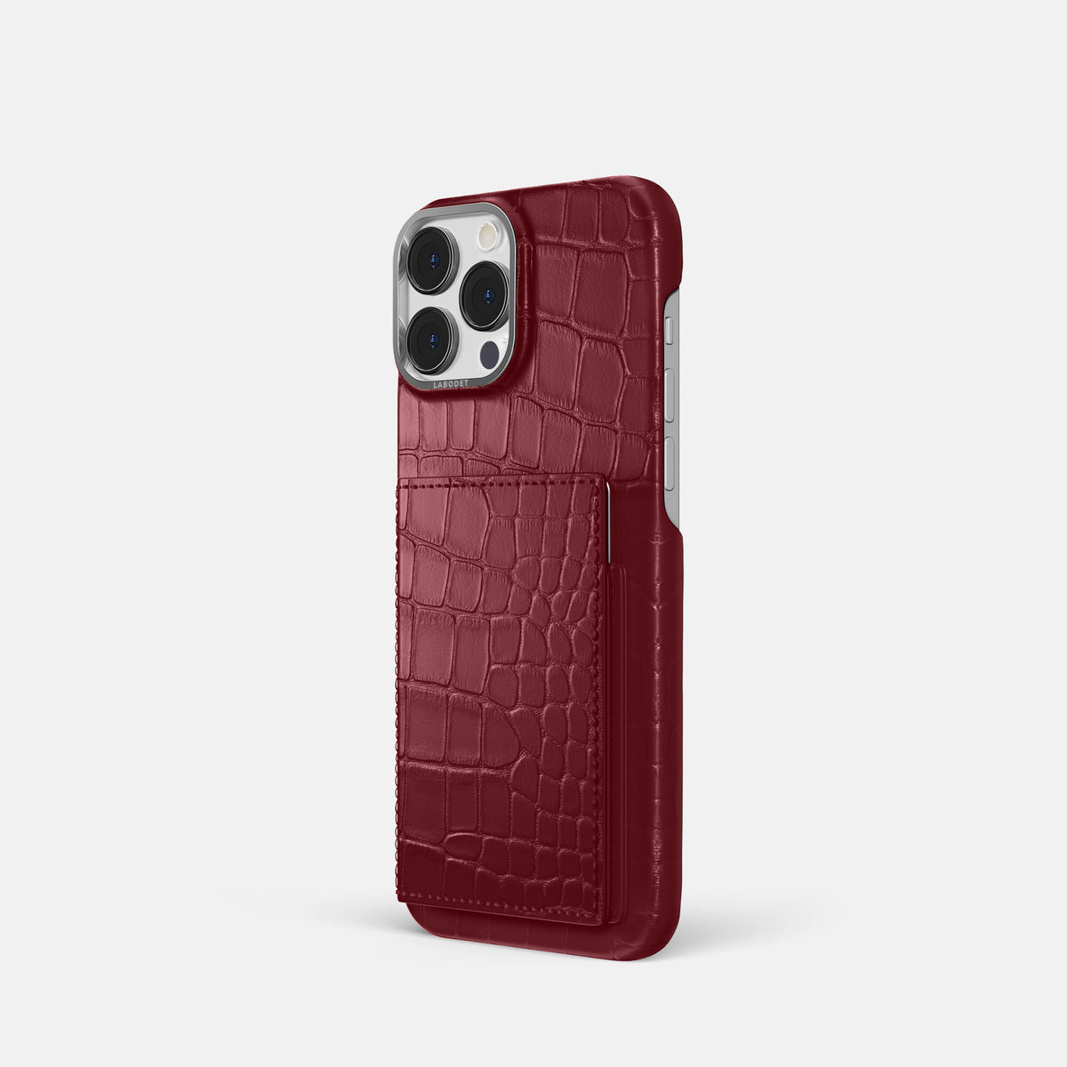 Burgundy iPhone 16 Pro Bi-Fold Case Alligator with Steel Metal -1 | Burgundy-Steel