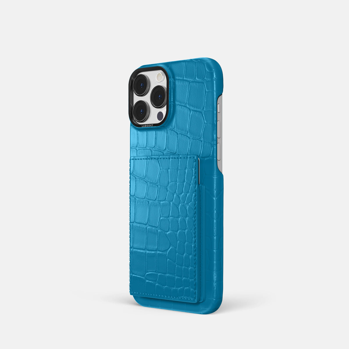 Curaçao-Blue iPhone 16 Pro Bi-Fold Case Alligator with Black Metal -1 | Curaçao-Blue-Black