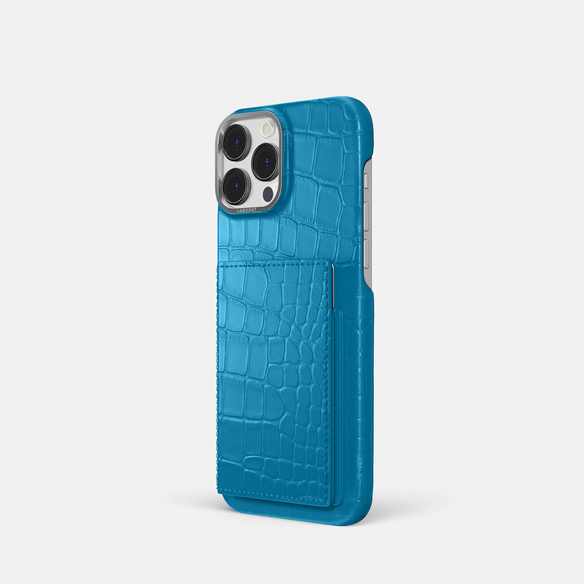 Curaçao-Blue iPhone 16 Pro Bi-Fold Case Alligator with Steel Metal -1 | Curaçao-Blue-Steel