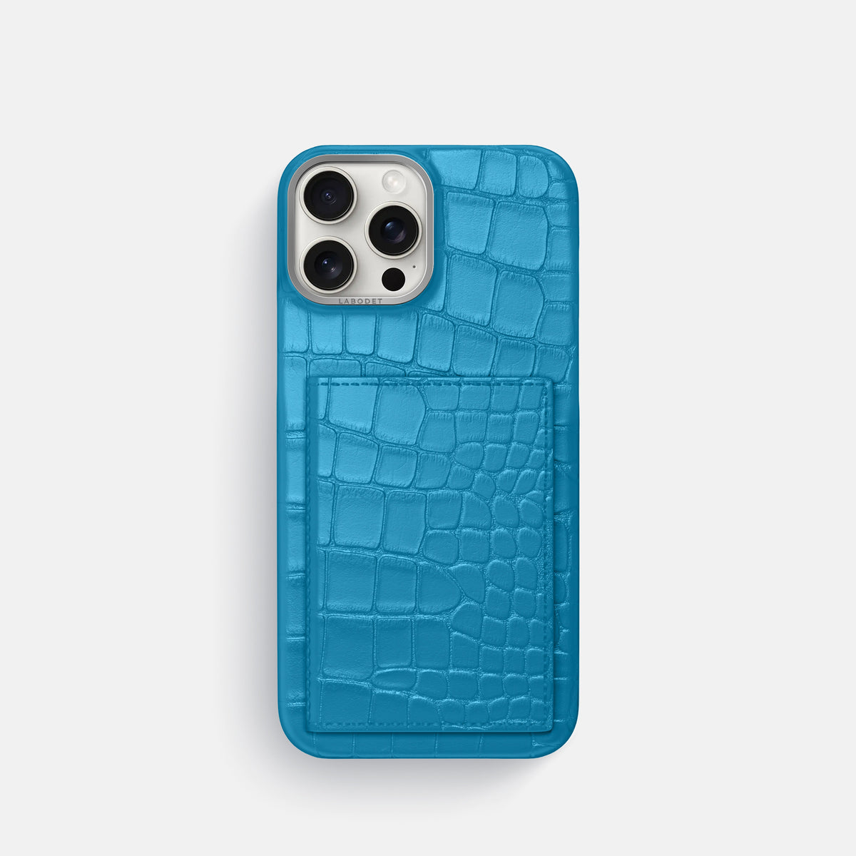 Curaçao-Blue iPhone 16 Pro Bi-Fold Case Alligator with Steel Metal -2 | Curaçao-Blue-Steel
