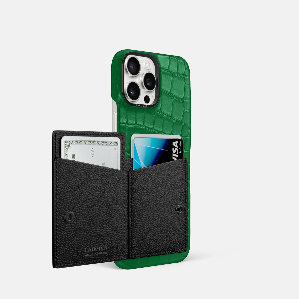 Forest-Green iPhone 16 Pro Bi-Fold Case In Alligator with Black Metal -3 | Forest-Green-Black