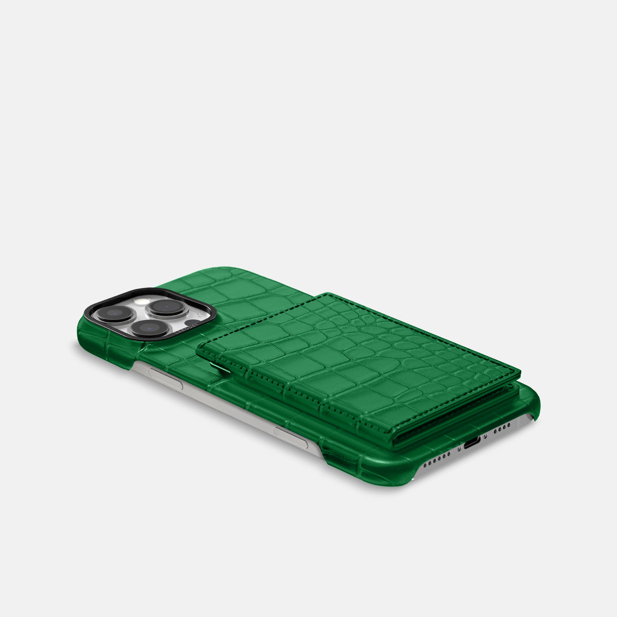 Forest-Green iPhone 16 Pro Bi-Fold Case In Alligator with Black Metal -4 | Forest-Green-Black
