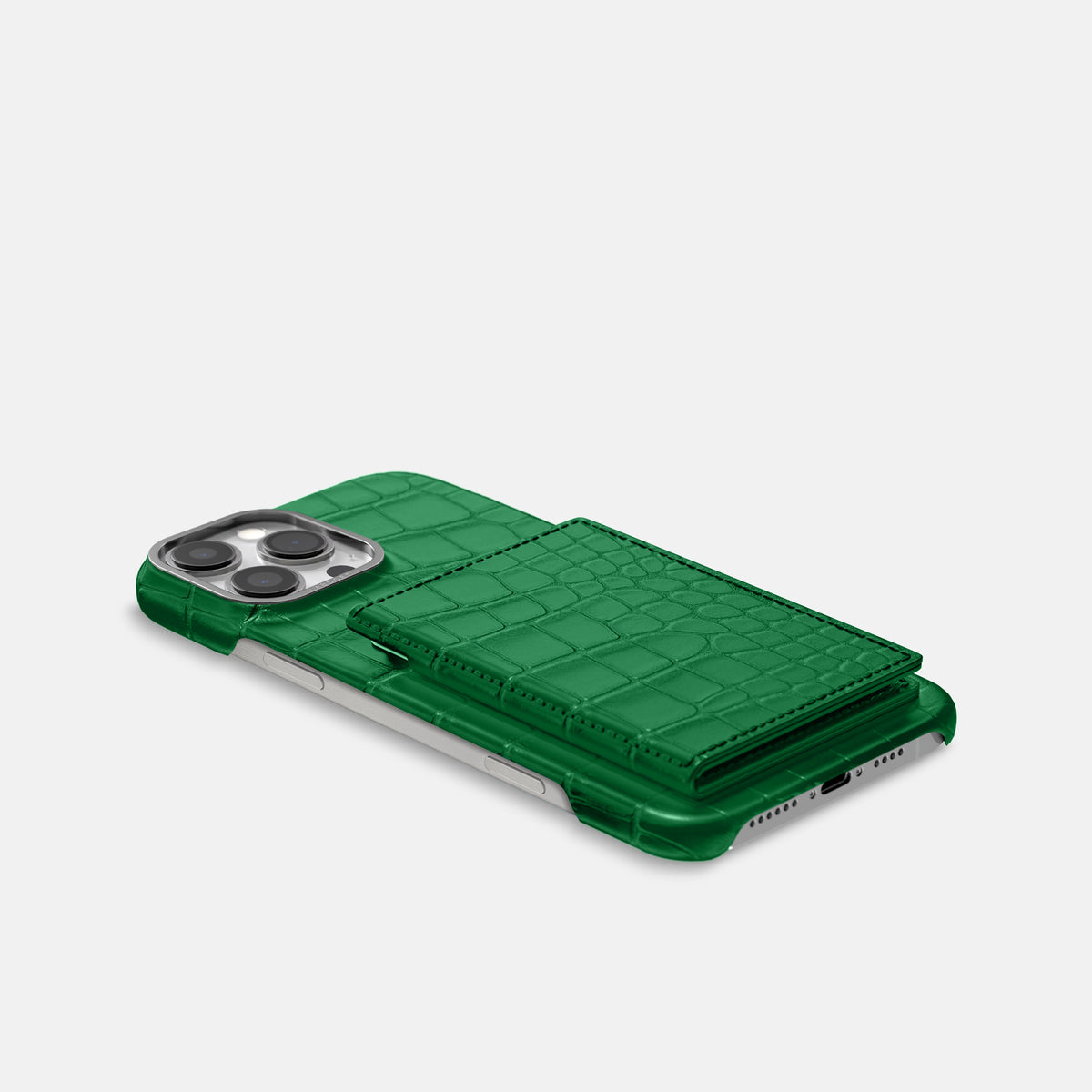 Forest-Green iPhone 16 Pro Bi-Fold Case In Alligator with Steel Metal -4 | Forest-Green-Steel
