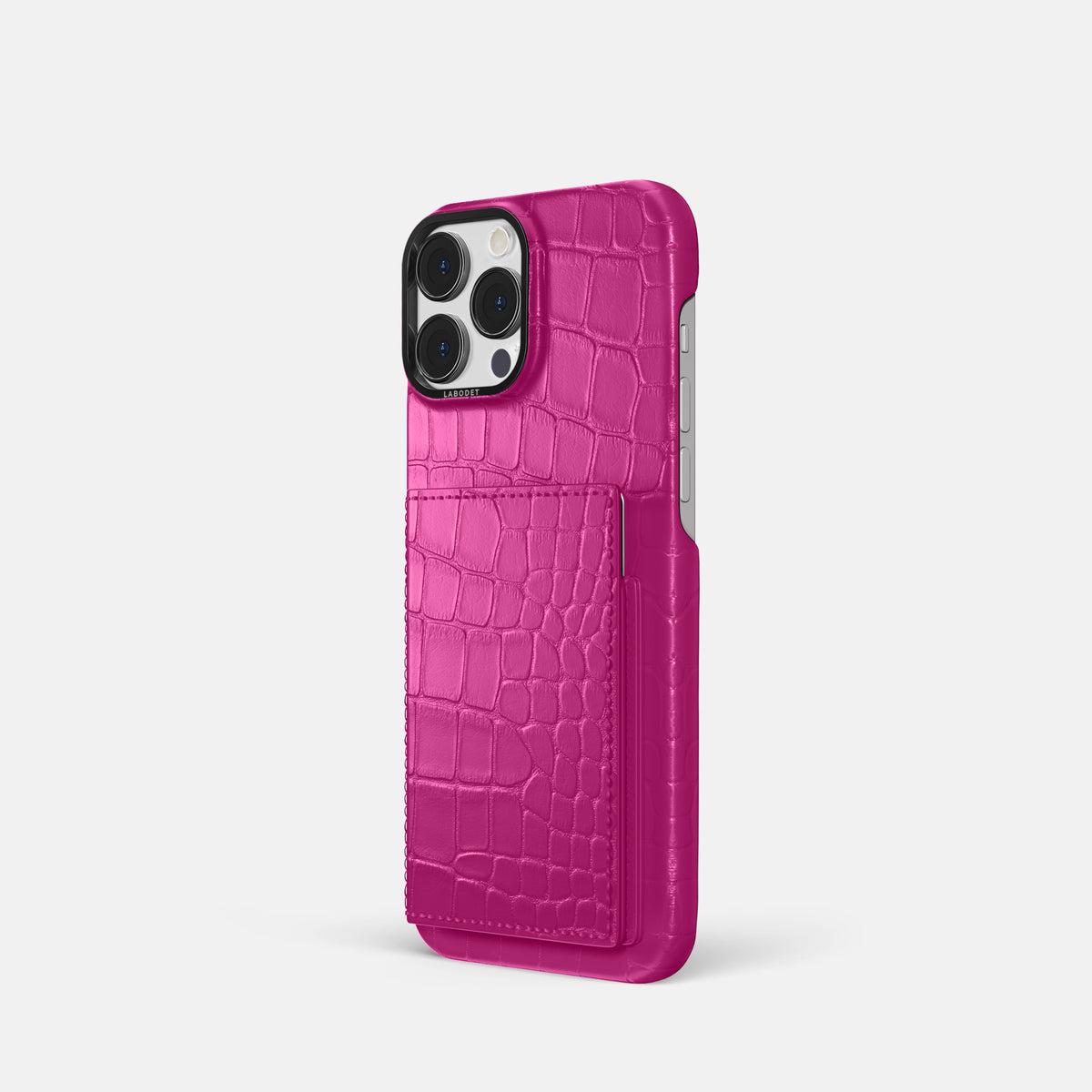 Fuchsia iPhone 16 Pro Bi-Fold Case Alligator with Black Metal -1 | Fuchsia-Black