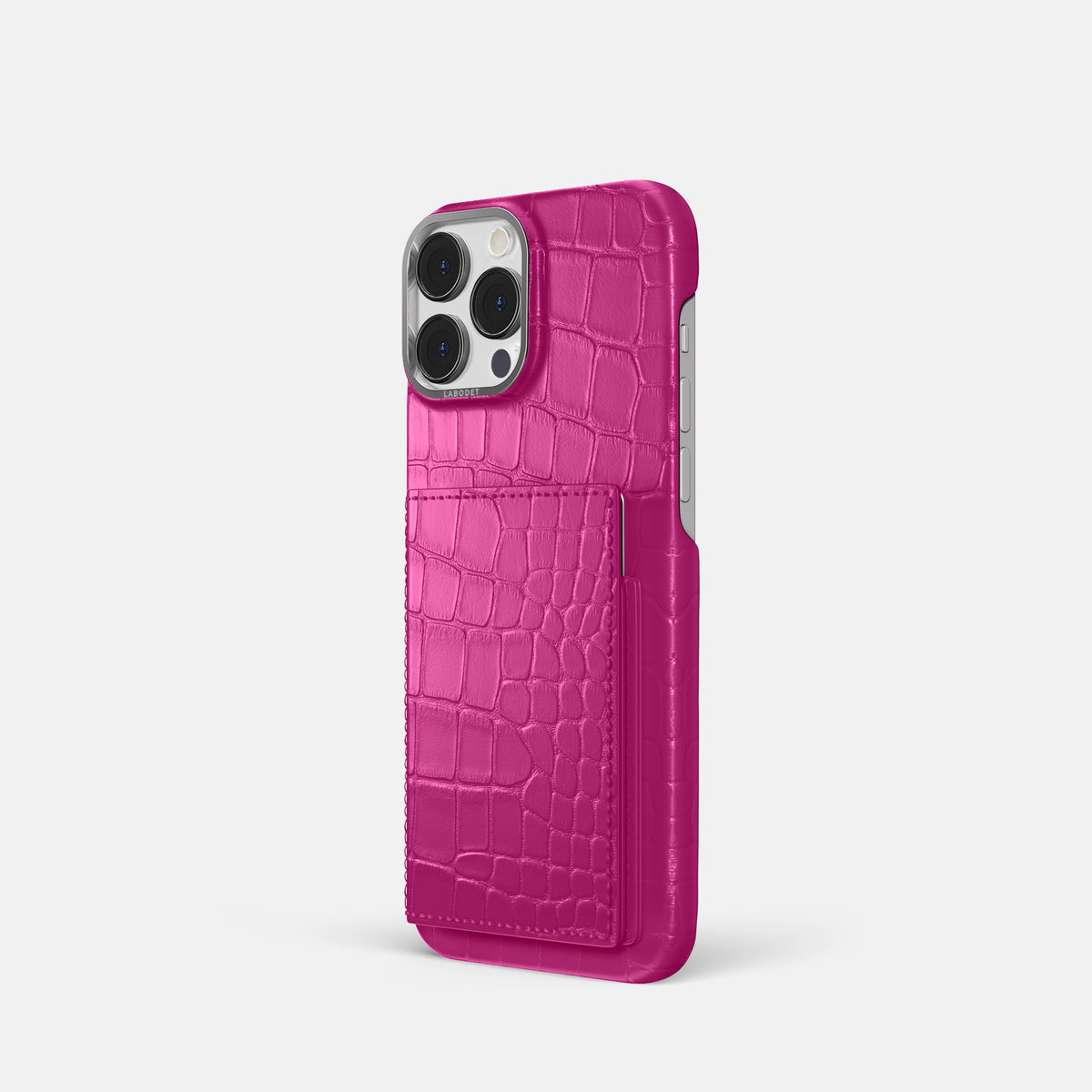 Fuchsia iPhone 16 Pro Bi-Fold Case Alligator with Steel Metal -1 | Fuchsia-Steel