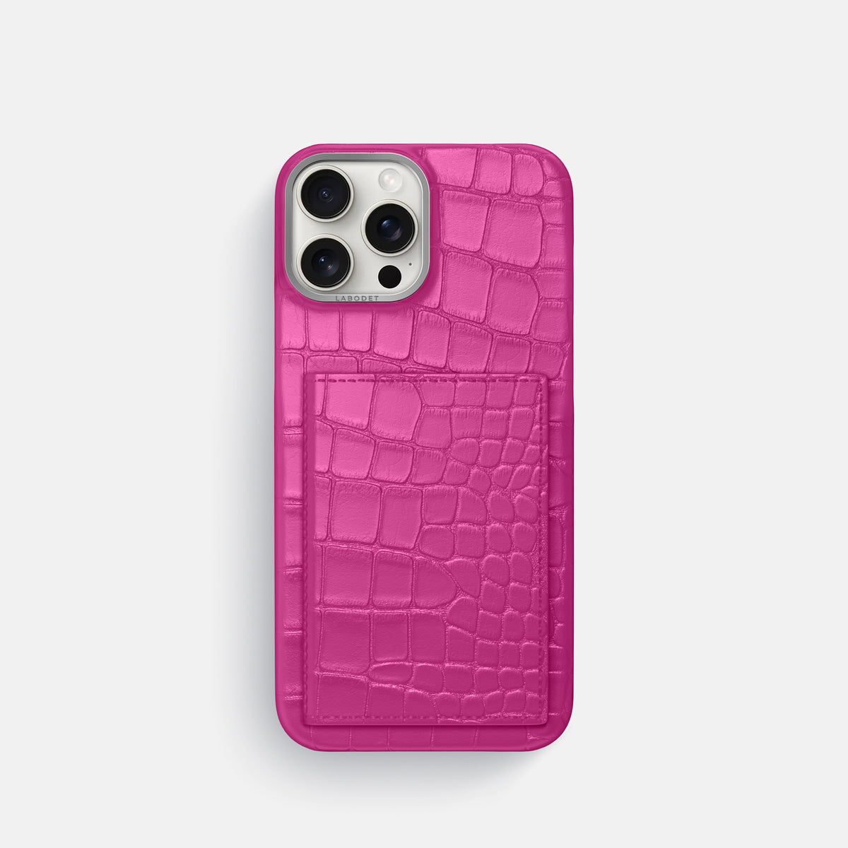 Fuchsia iPhone 16 Pro Bi-Fold Case Alligator with Steel Metal -2 | Fuchsia-Steel