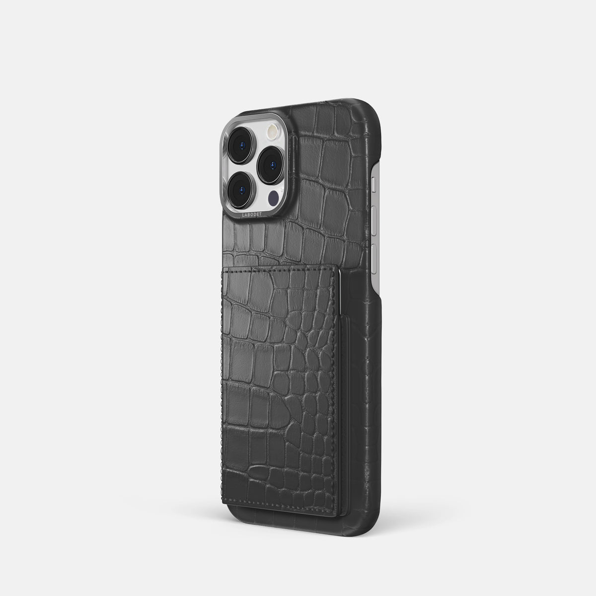 Grey iPhone 16 Pro Bi-Fold Case Alligator with Steel Metal -1 | Grey-Steel