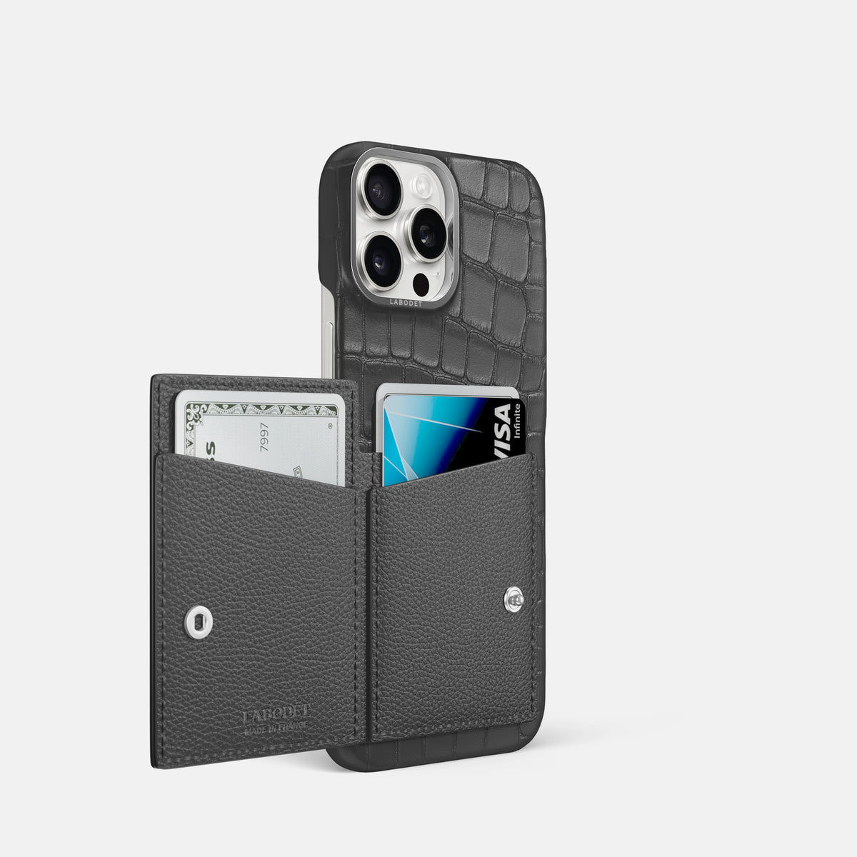 Grey iPhone 16 Pro Bi-Fold Case Alligator with Steel Metal -3 | Grey-Steel