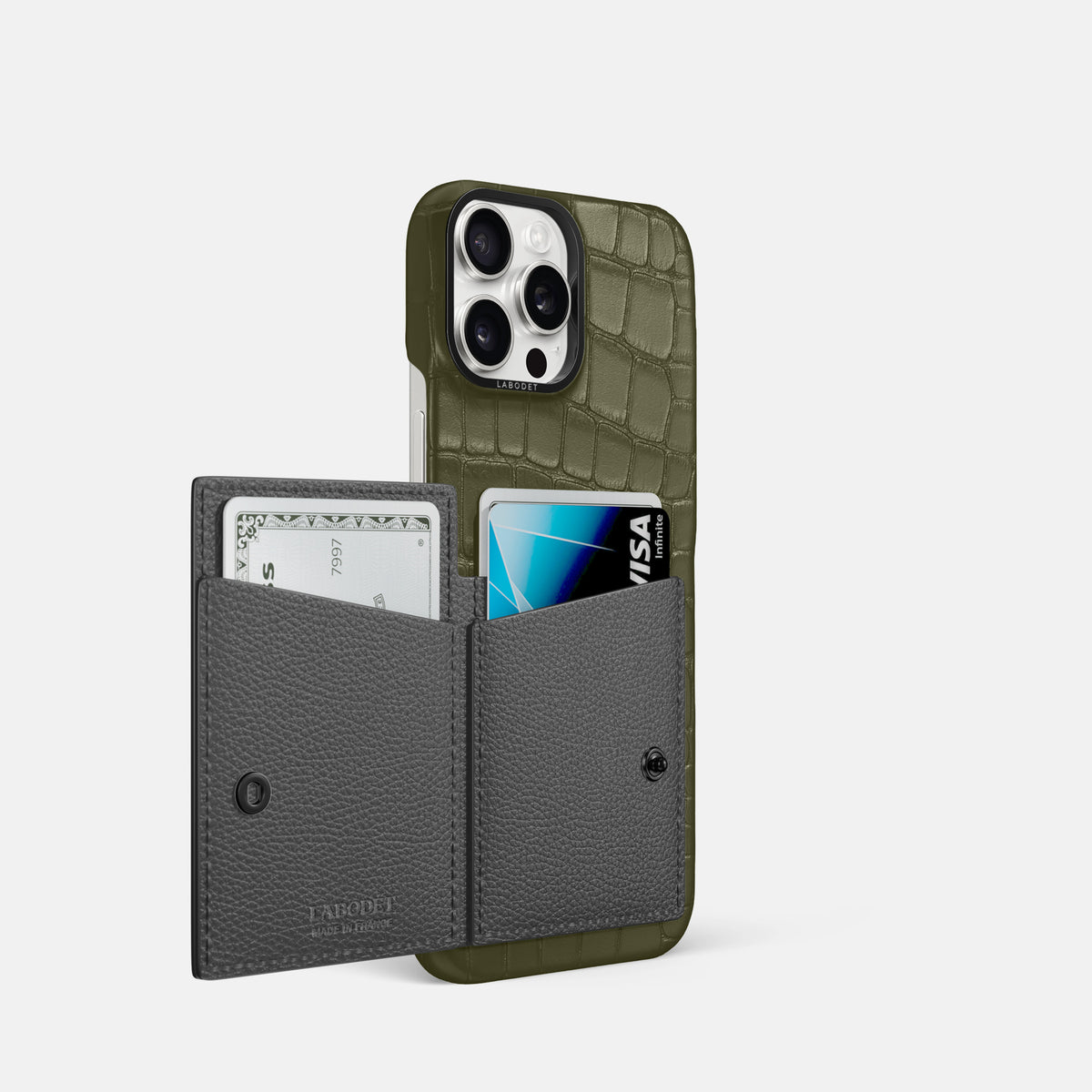 Kaki-Green iPhone 16 Pro Bi-Fold Case Alligator with Black Metal -3 | Kaki-Green-Black