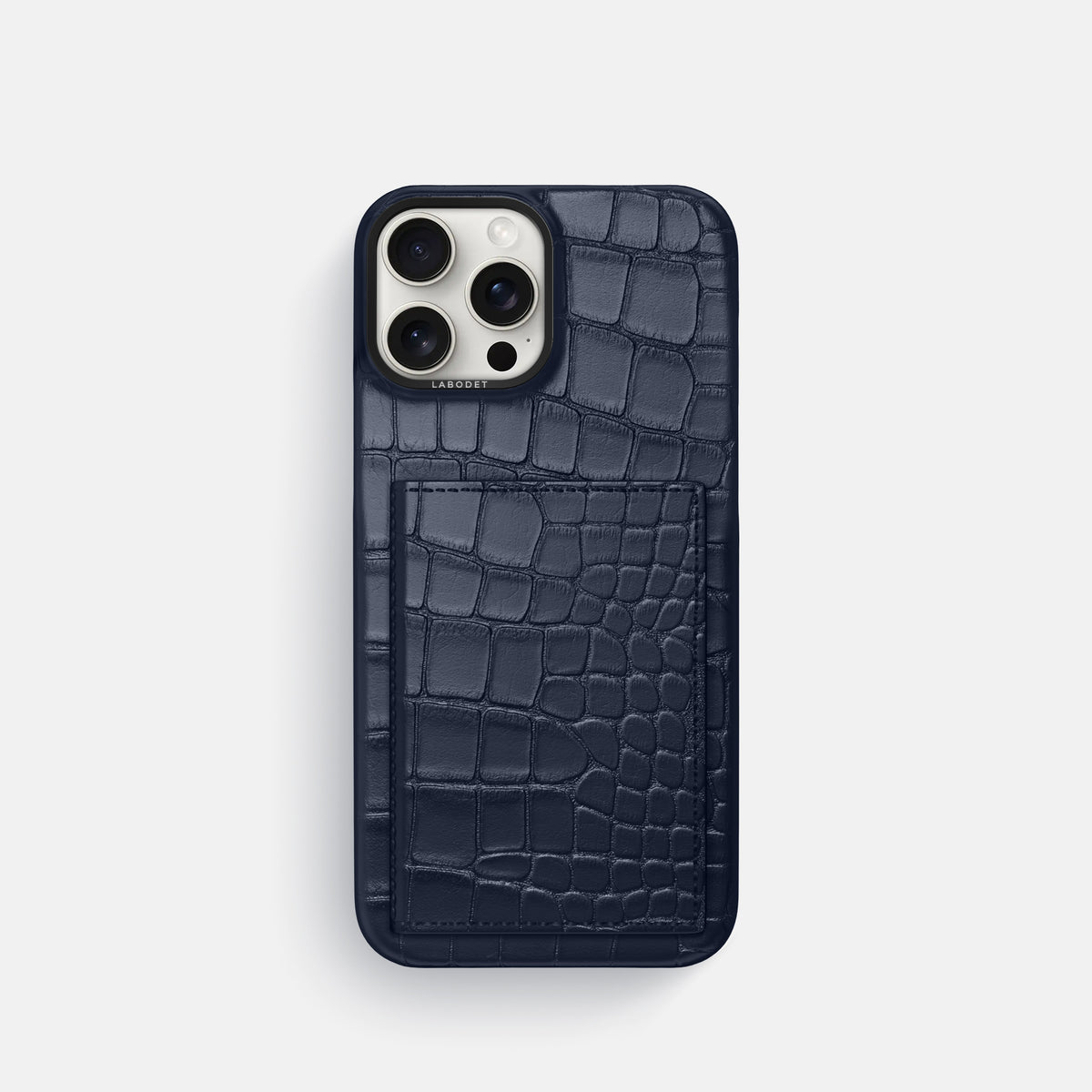 Navy Blue iPhone 16 Pro Bi-Fold Case Alligator with Black Metal -2 | Navy-Blue-Black