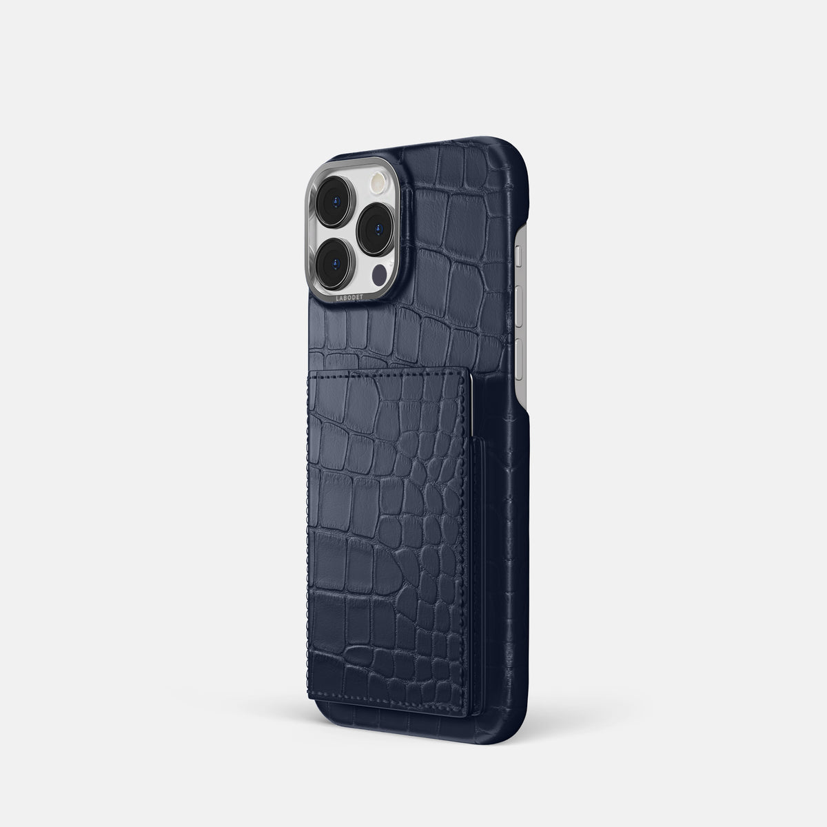 Navy Blue iPhone 16 Pro Bi-Fold Case Alligator with Steel Metal -1 | Navy-Blue-Steel
