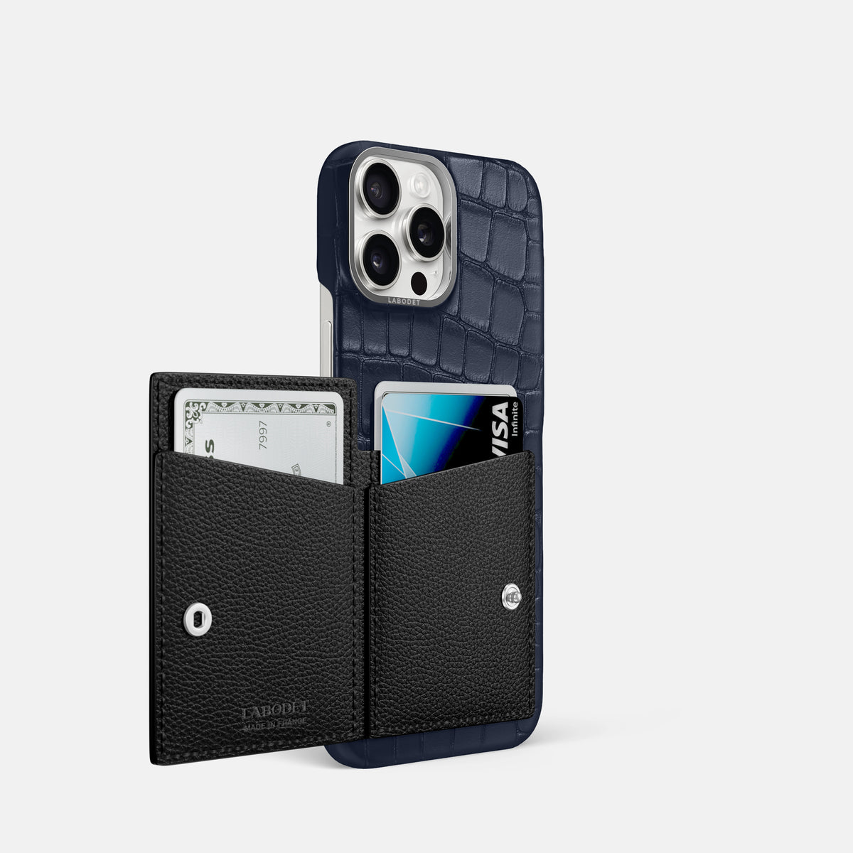 Navy Blue iPhone 16 Pro Bi-Fold Case Alligator with Steel Metal -3 | Navy-Blue-Steel