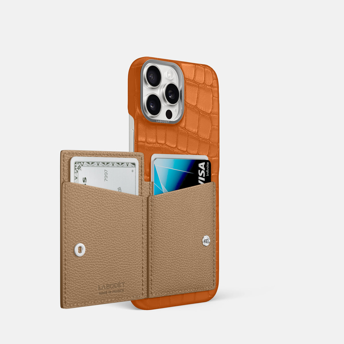Orange iPhone 16 Pro Bi-Fold Case Alligator with Steel Metal -3 | Orange-Steel