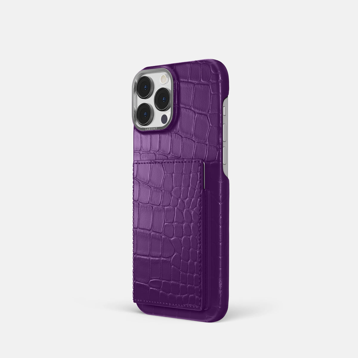 Purple iPhone 16 Pro Bi-Fold Case Alligator with Steel Metal -1 | Purple-Steel