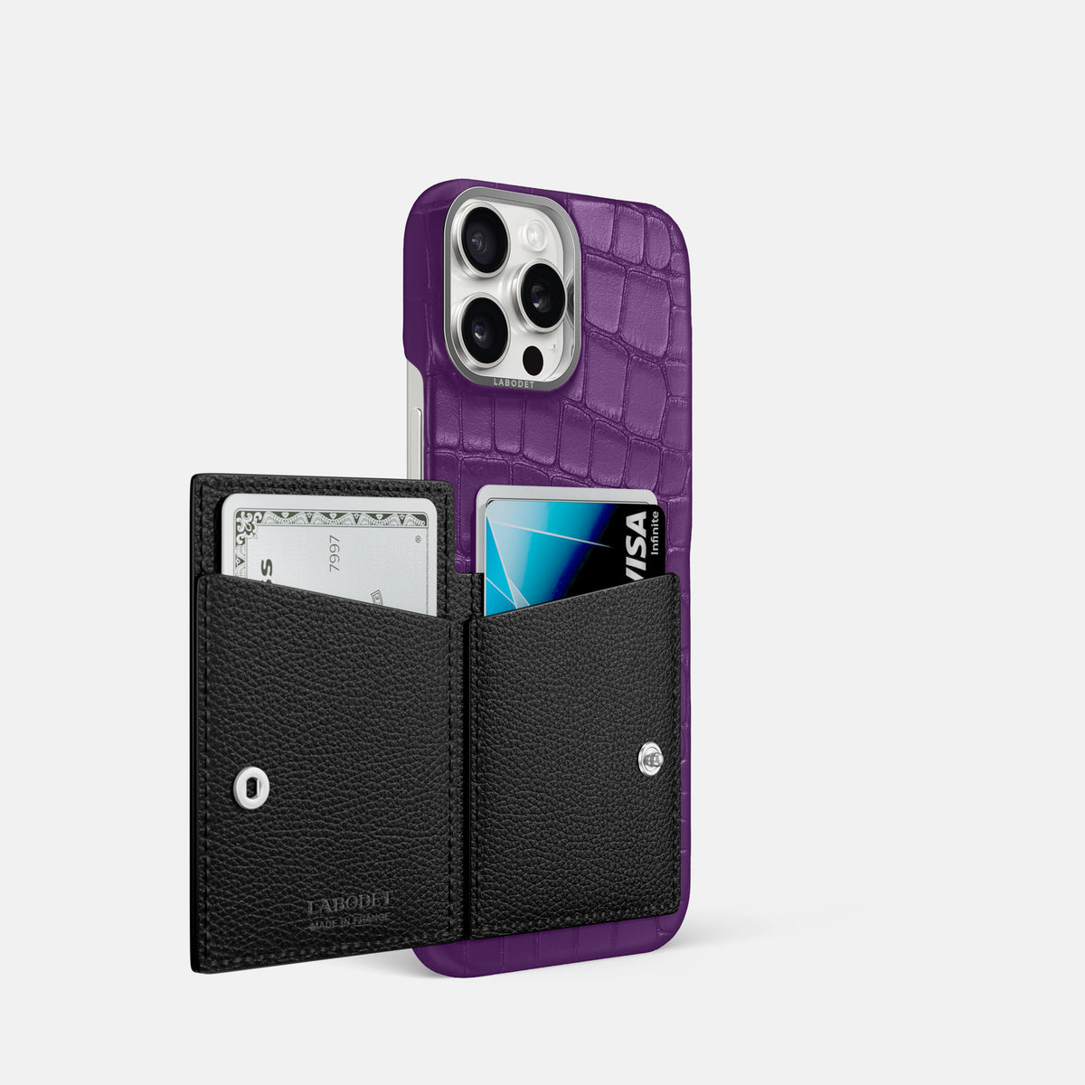 Purple iPhone 16 Pro Bi-Fold Case Alligator with Steel Metal -3 | Purple-Steel