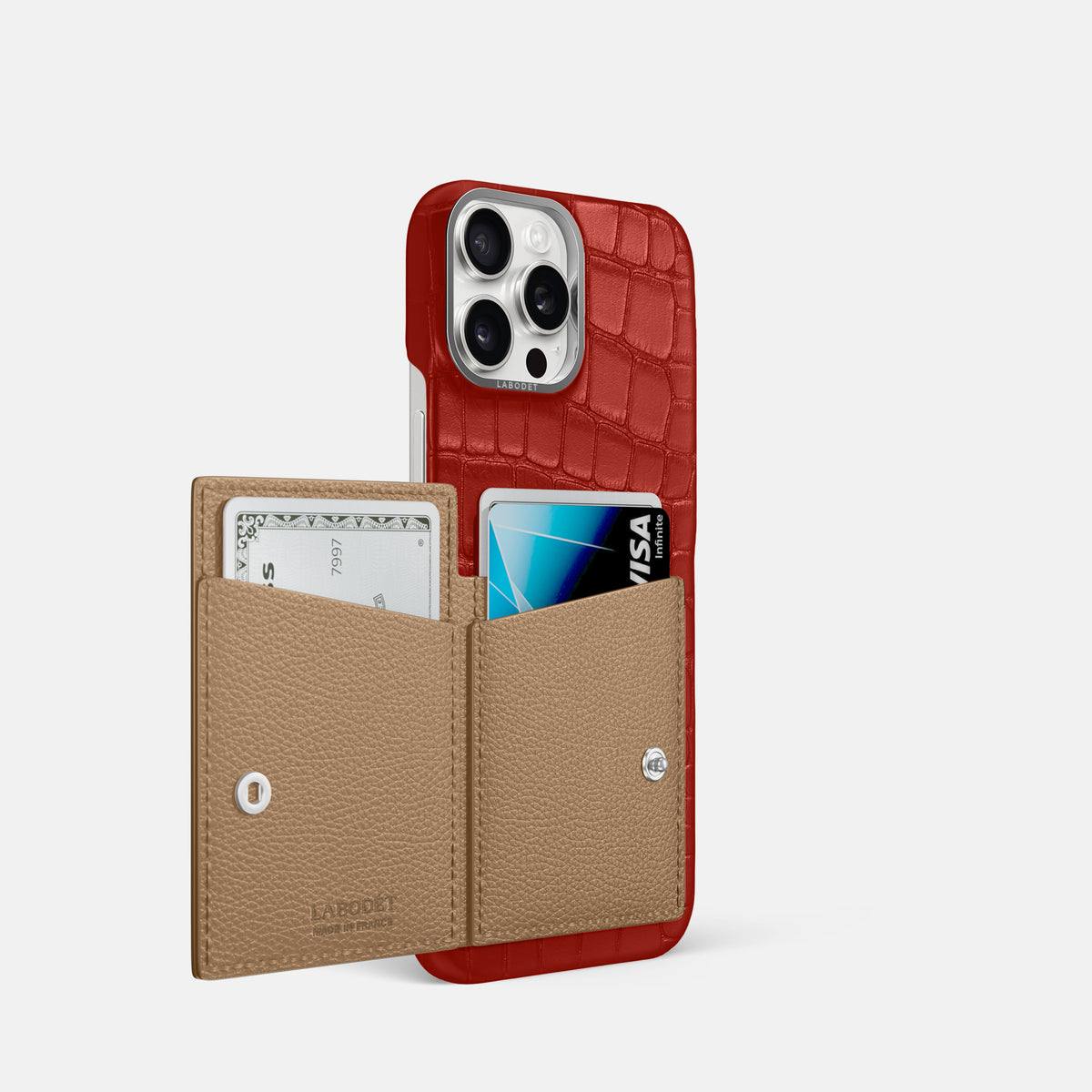 Red iPhone 16 Pro Bi-Fold Case Alligator with Steel Metal -3 | Red-Steel