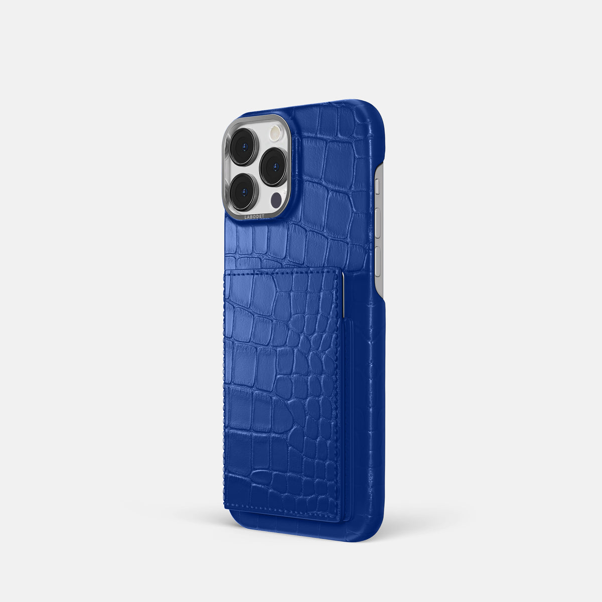 Royal Blue iPhone 16 Pro Bi-Fold Case Alligator with Steel Metal -1 | Royal-Blue-Steel