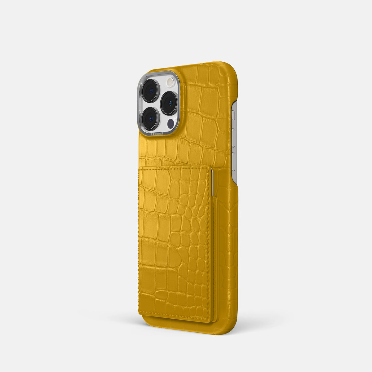 Yellow iPhone 16 Pro Bi-Fold Case Alligator with Steel Metal -1 | Yellow-Steel