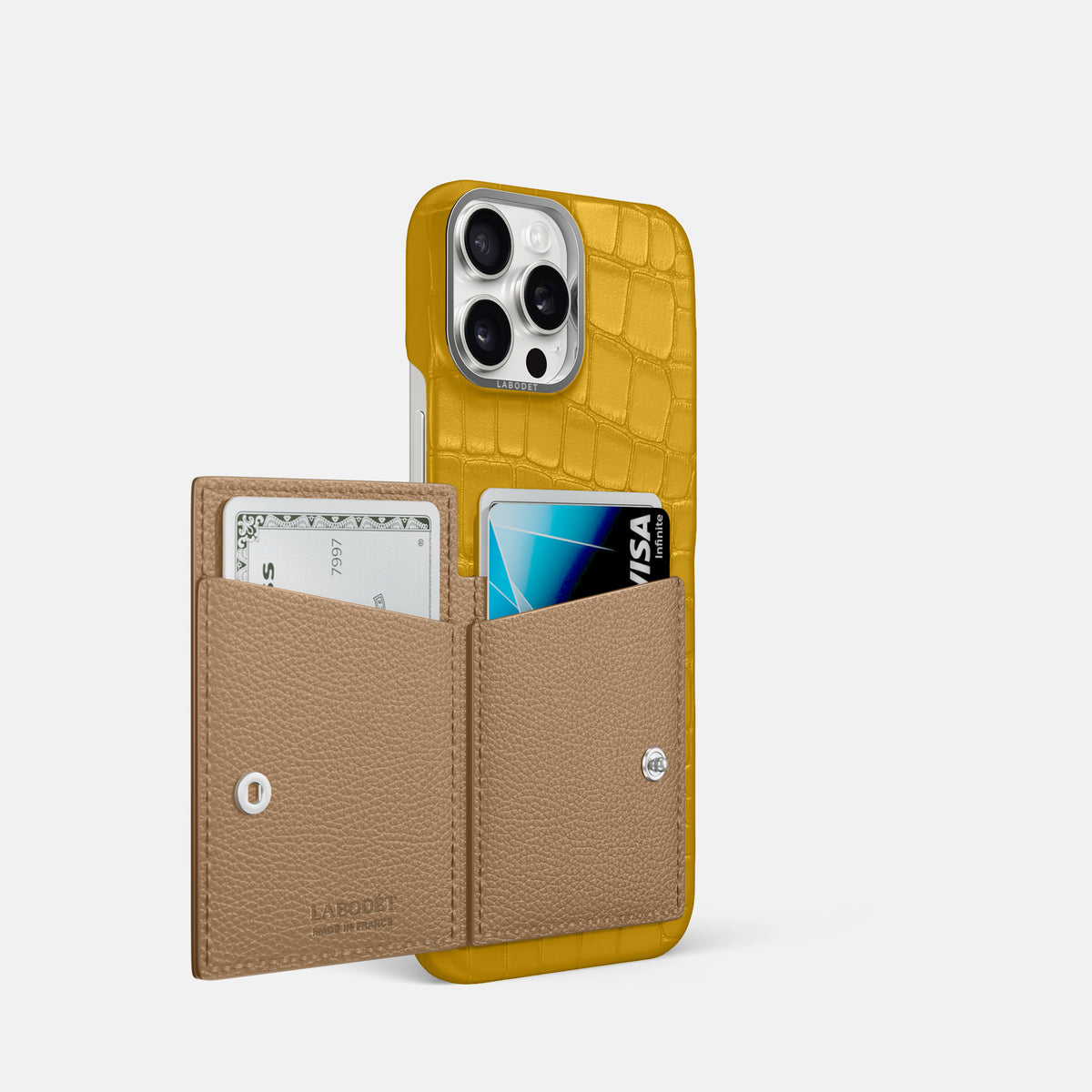Yellow iPhone 16 Pro Bi-Fold Case Alligator with Steel Metal -3 | Yellow-Steel