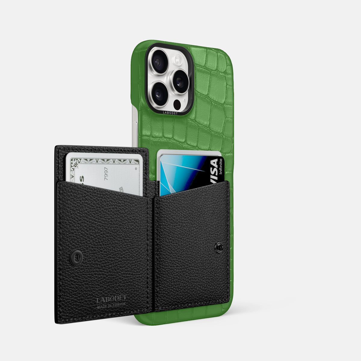 Apple-Green iPhone 16 Pro Max Bi-Fold Case Alligator with Black Metal -3 | Apple-Green-Black
