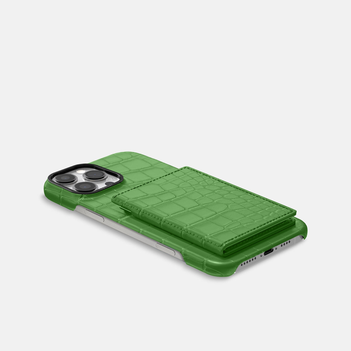 Apple-Green iPhone 16 Pro Max Bi-Fold Case Alligator with Black Metal -4 | Apple-Green-Black