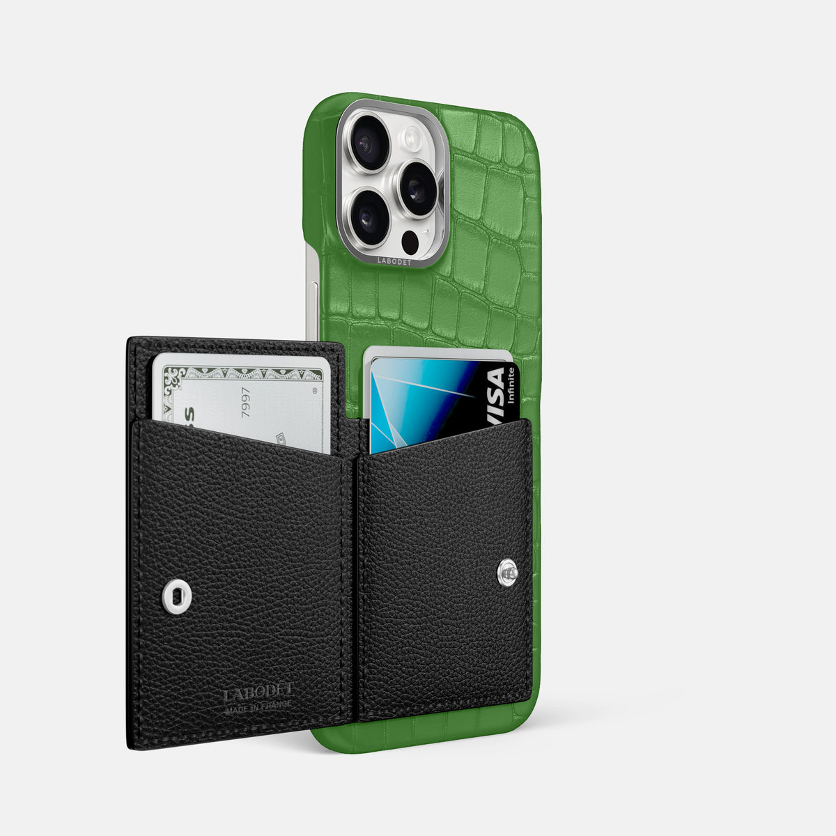 Apple-Green iPhone 16 Pro Max Bi-Fold Case Alligator with Steel Metal -3 | Apple-Green-Steel