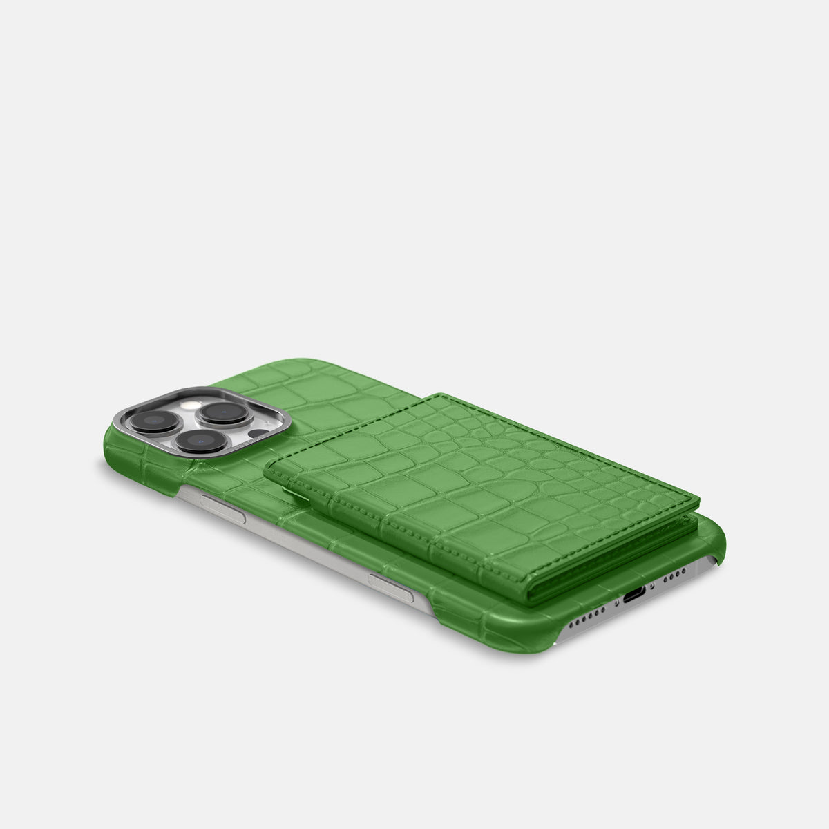 Apple-Green iPhone 16 Pro Max Bi-Fold Case Alligator with Steel Metal -4 | Apple-Green-Steel