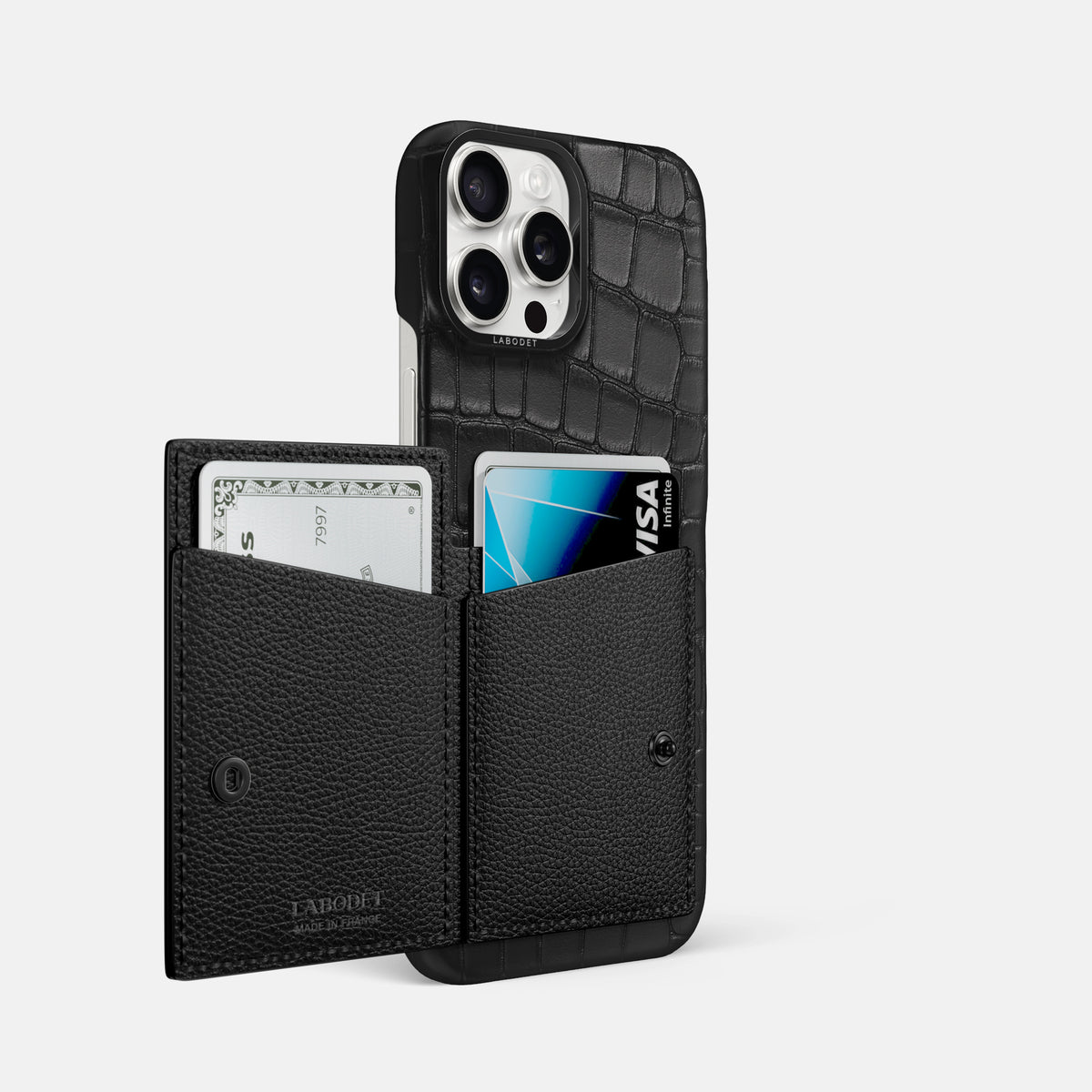Black iPhone 16 Pro Max Bi-Fold Case Alligator with Black Metal -3 | Black-Black