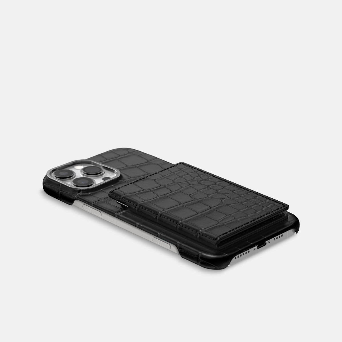 Black iPhone 16 Pro Max Bi-Fold Case Alligator with Steel Metal -4 | Black-Steel