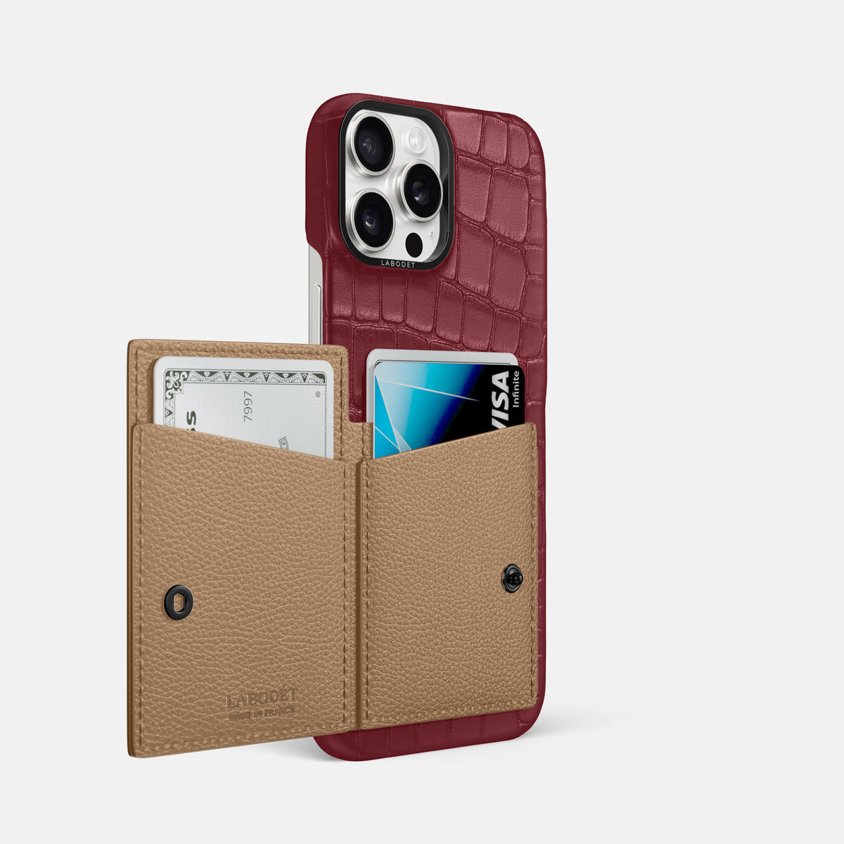 Burgundy iPhone 16 Pro Max Bi-Fold Case Alligator with Black Metal -3 | Burgundy-Black