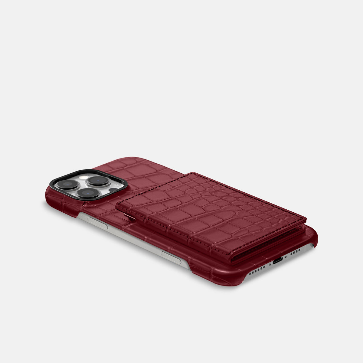 Burgundy iPhone 16 Pro Max Bi-Fold Case Alligator with Black Metal -4 | Burgundy-Black
