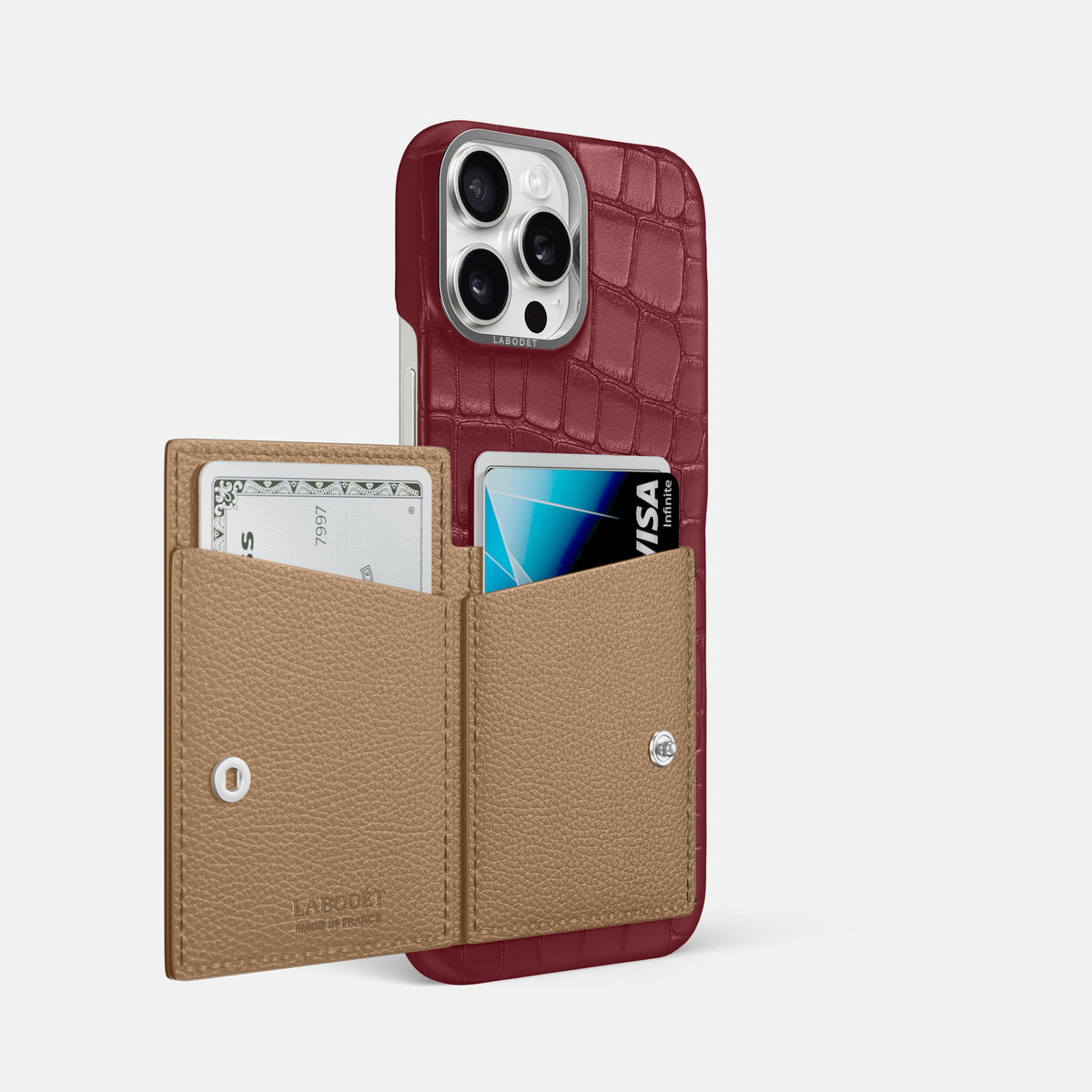 Burgundy iPhone 16 Pro Max Bi-Fold Case Alligator with Steel Metal -3 | Burgundy-Steel