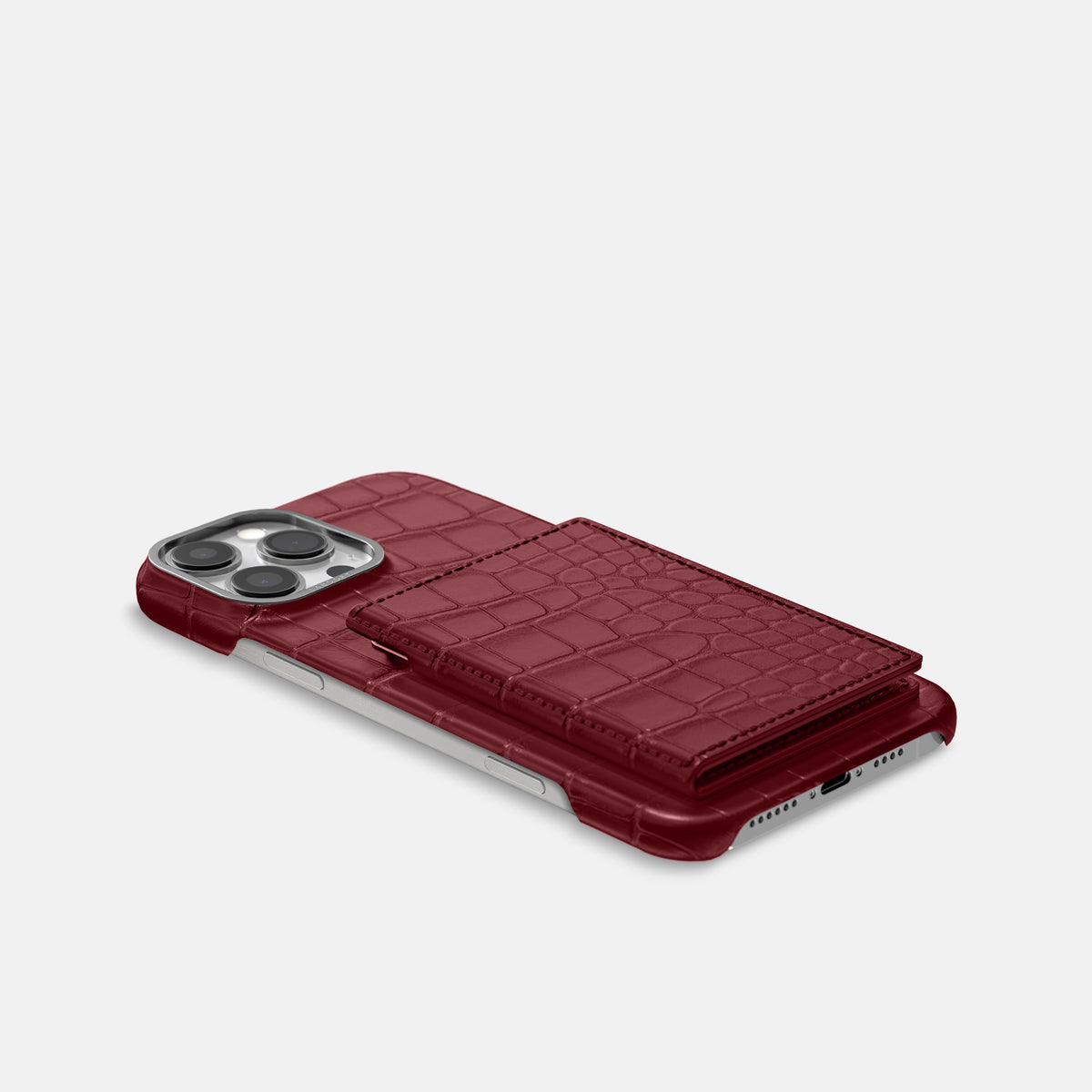 Burgundy iPhone 16 Pro Max Bi-Fold Case Alligator with Steel Metal -4 | Burgundy-Steel