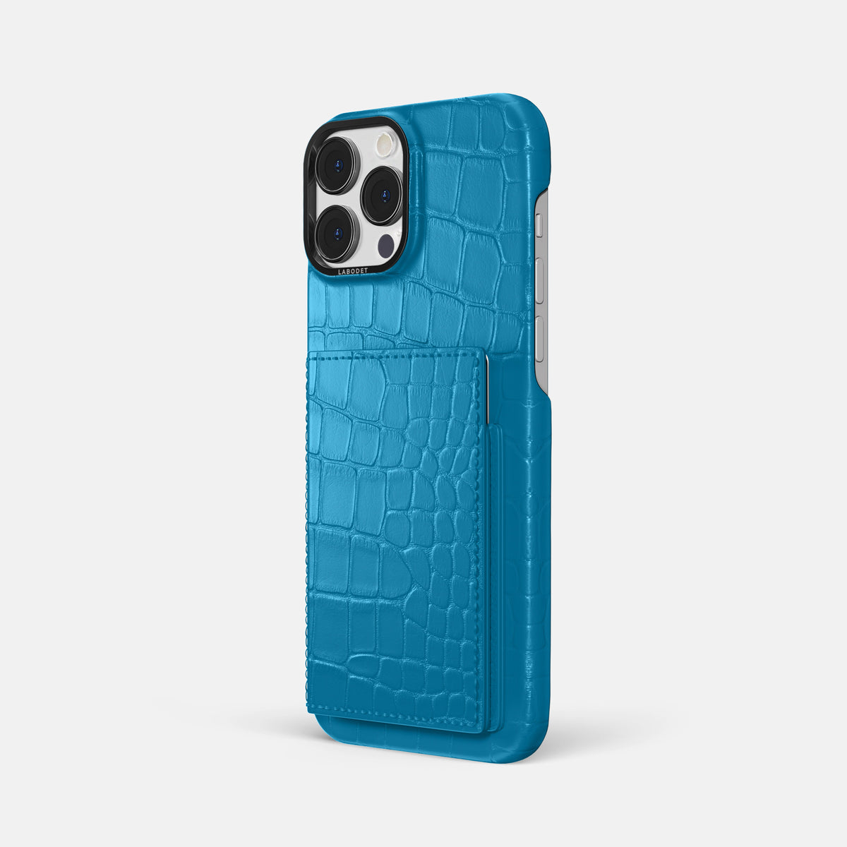 Curaçao-Blue iPhone 16 Pro Max Bi-Fold Case Alligator with Black Metal -1 | Curaçao-Blue-Black