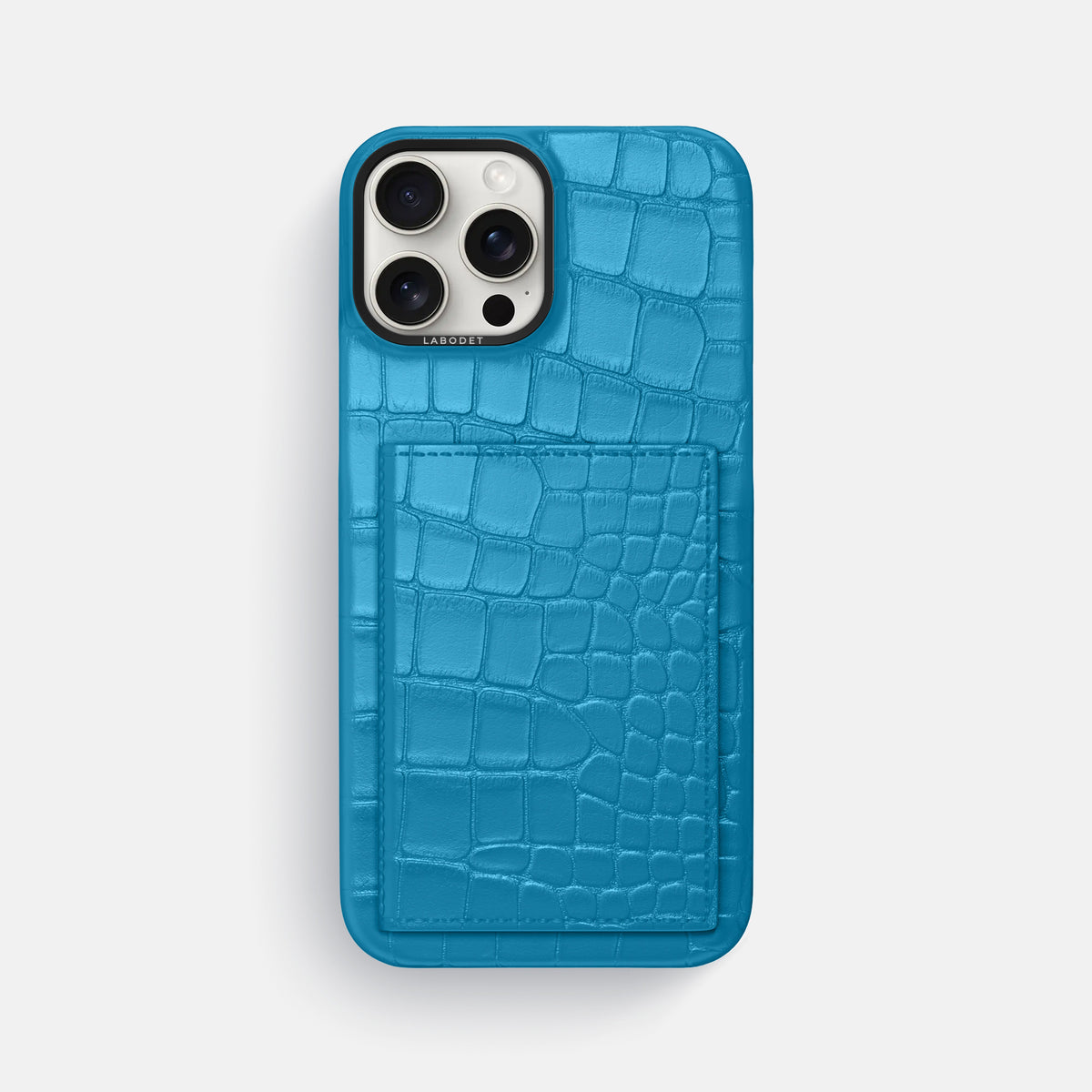 Curaçao-Blue iPhone 16 Pro Max Bi-Fold Case Alligator with Black Metal -2 | Curaçao-Blue-Black