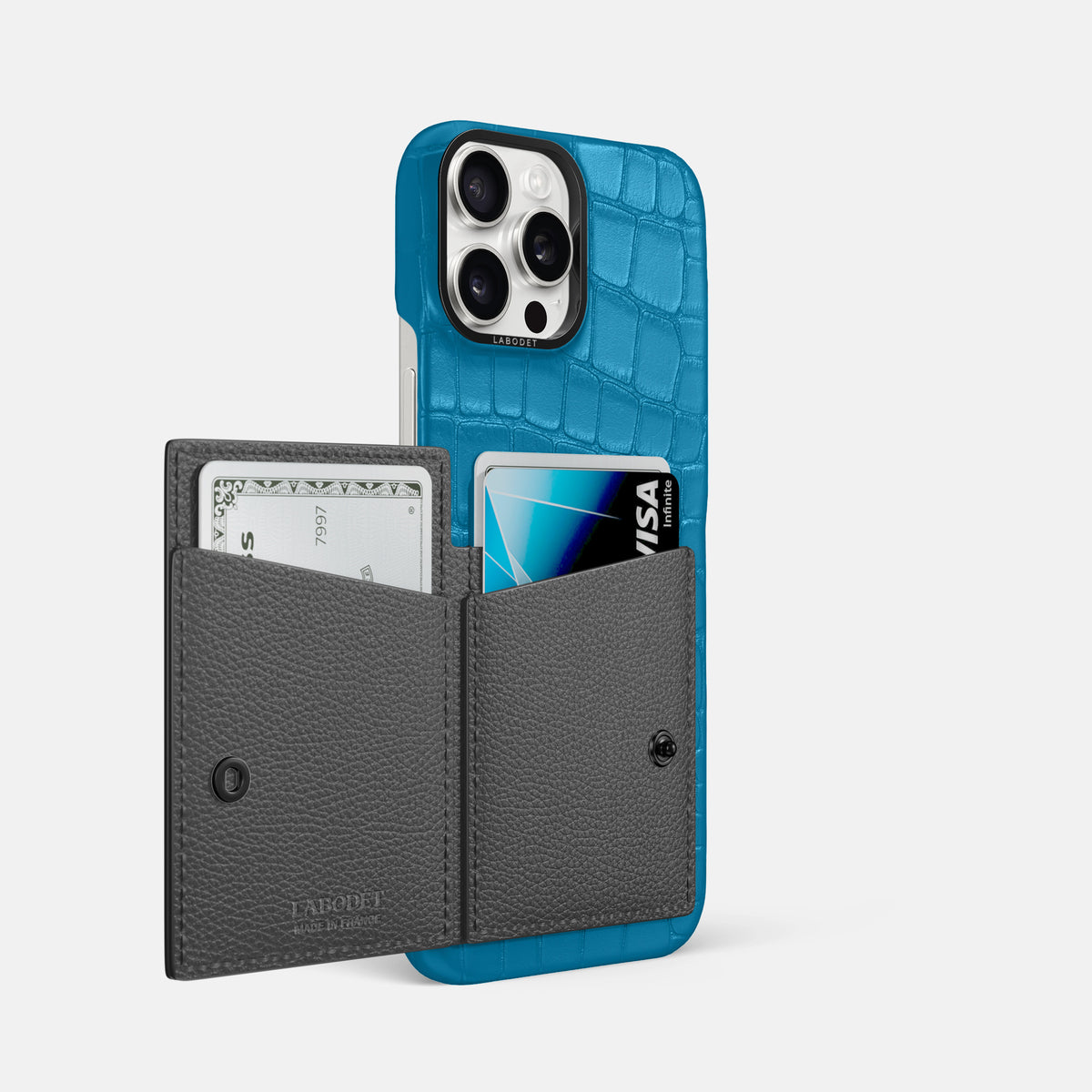 Curaçao-Blue iPhone 16 Pro Max Bi-Fold Case Alligator with Black Metal -3 | Curaçao-Blue-Black
