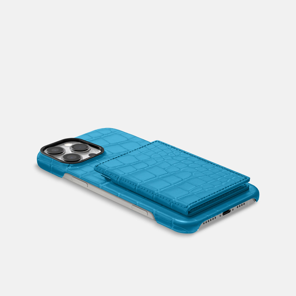 Curaçao-Blue iPhone 16 Pro Max Bi-Fold Case Alligator with Black Metal -4 | Curaçao-Blue-Black