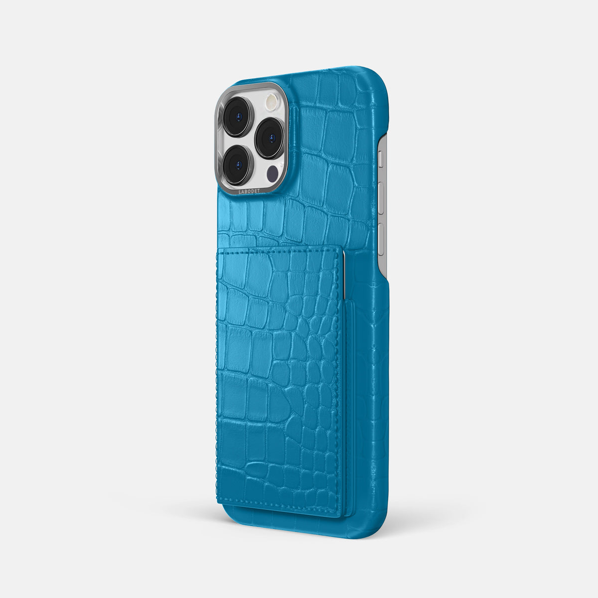 Curaçao-Blue iPhone 16 Pro Max Bi-Fold Case Alligator with Steel Metal -1 | Curaçao-Blue-Steel