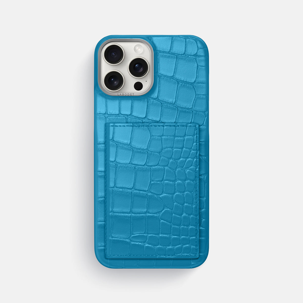 Curaçao-Blue iPhone 16 Pro Max Bi-Fold Case Alligator with Steel Metal -2 | Curaçao-Blue-Steel