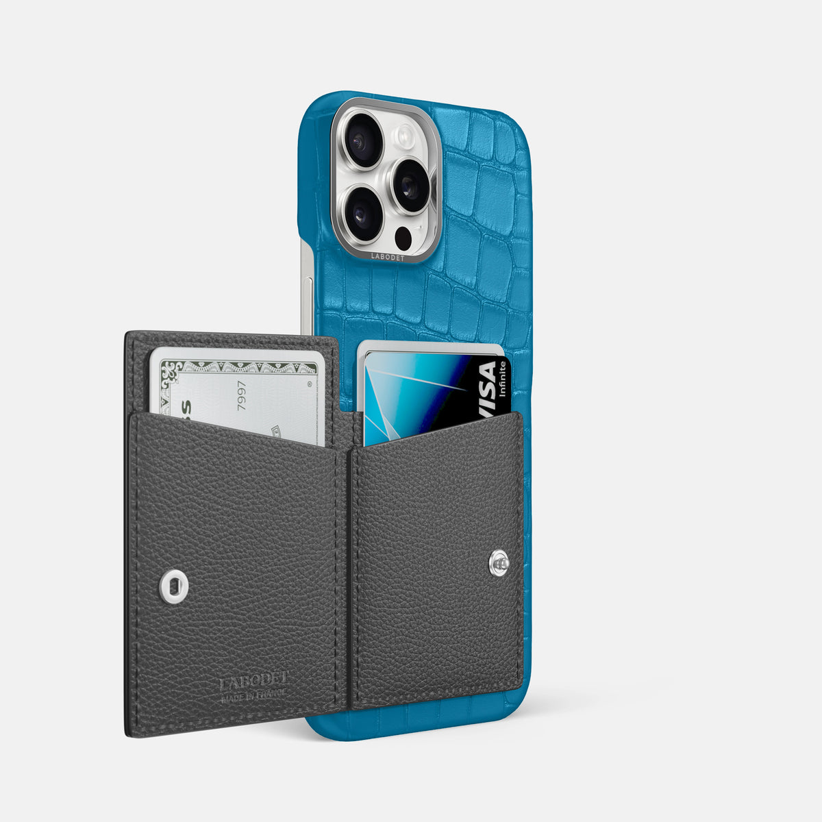 Curaçao-Blue iPhone 16 Pro Max Bi-Fold Case Alligator with Steel Metal -3 | Curaçao-Blue-Steel