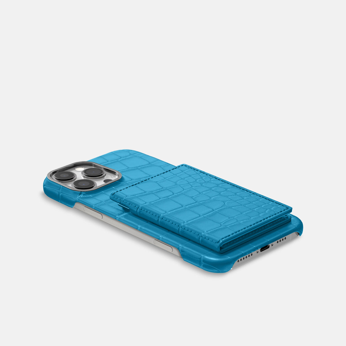 Curaçao-Blue iPhone 16 Pro Max Bi-Fold Case Alligator with Steel Metal -4 | Curaçao-Blue-Steel